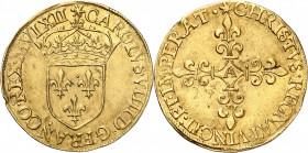 FRANCE
Charles IX (1560-1574). Écu d’or au soleil MVLXII ! (le D de 500 à été oublié par le graveur, Paris.
Av. Écu de France couronné. Rv. Croix fl...