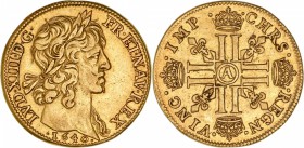 FRANCE
Louis XIII (1610-1643). Double louis d’or 1640, Paris.
Av. Tête laurée à droite. Rv. Croix formée de huit L adossés et couronnés.
Dup. 1297,...