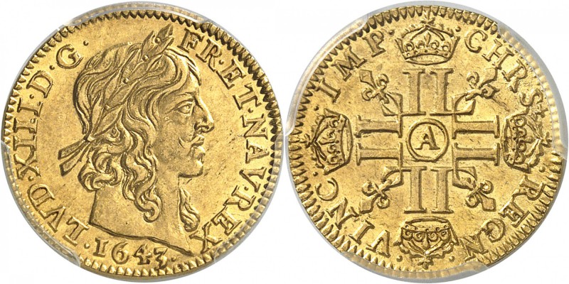 FRANCE
Louis XIII (1610-1643). 1/2 louis d’or à la mèche longue 1643 A, Paris....