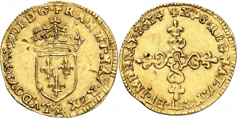 FRANCE
Louis XIII (1610-1643). 1/2 écu d’or 1614 A, Paris, type spécial pour Pa...