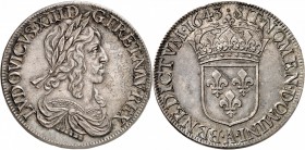 FRANCE
Louis XIII (1610-1643). Écu de 60 sols, deuxième poinçon de Warin 1643, Paris.
Av. Buste lauré et drapé à droite. Rv. Écu de France couronné....