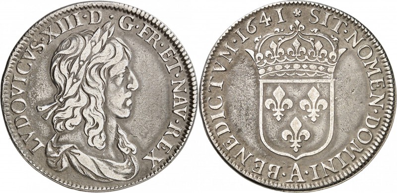 FRANCE
Louis XIII (1610-1643). 1/2 écu 1641 A, Paris.
Av. Buste lauré et drapé...