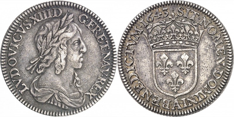 FRANCE
Louis XIII (1610-1643). 1/4 d’écu à la mèche courte, 1643, quadruple pié...