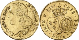 FRANCE
Louis XV (1715-1774). Double Louis d’or 1753, Pau.
Av. Tête ceinte d’un bandeau à gauche. Rv. Ecus ovales couronnés. 
Dup. 1642, Fr. 463, G....