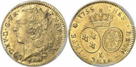 FRANCE
Louis XV (1715-1774). Double Louis d’or au bandeau 1755, Bayonne.
Av. Tête ceinte d’un bandeau à gauche. Rv. Ecus ovales couronnés. 
Dup. 16...