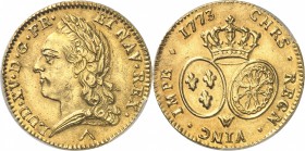 FRANCE
Louis XV (1715-1774). Double Louis d’or à la vieille tête 1773, Lille.
Av. Tête laurée à gauche. Rv. Ecus ovales couronnés. 
G. 342, Fr. 467...