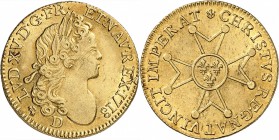 FRANCE
Louis XV (1715-1774). Louis d’or à la croix du Saint-Esprit 1718 D, Lyon. 
Av. Tête laurée à droite. Rv. Croix du Saint-Esprit.
Dup. 1633, F...