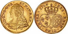 FRANCE
Louis XV (1715-1774). 1/2 Louis d’or aux lunettes 1726 W, Lille.
Av. Buste drapé à gauche. Rv. Ecus ovales couronnés.
G. 329, Dup. 1641.
GE...