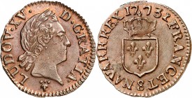 FRANCE
Louis XV (1715-1774). Liard 1773, Reims.
Av. Tête laurée à droite. Rv. Écu couronné.
Dup. 1701, G. 272. 2,65 grs.
Superbe
