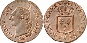 FRANCE
Louis XVI (1774-1792). Sol 1791, Lyon.
Av. Tête à gauche. Rv. Écu couronné.
Duplessy 1714. Gad. 350. 11,78 grs.
Flan légèrement irrégulier,...