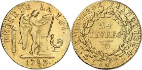 FRANCE
Convention (1792-1795). 24 livres 1793, Lyon. 
Av. Le Génie gravant le mot Constitution sur la table. Rv. Valeur dans une couronne.
G. 62, F...