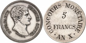 FRANCE
Consulat (1799-1804). 5 francs An X, refrappe postérieure, gravé en creux au revers. 
Av. Tête nue à droite. Rv. légende circulaire. 
G. man...