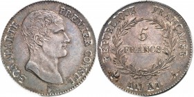 FRANCE
Consulat (1799-1804). 5 francs an XI A, Paris.
Av. Tête nue à droite. Rv. Valeur dans une couronne. 
G. 577.
PCGS MS 64. Superbe à Fleur de...