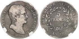 FRANCE
Consulat (1799-1804). 5 francs An 12 G, Genève.
Av. Tête nue à droite. Rv. Valeur dans une couronne. 
G. 577. 24,51 grs.
GENI F 12. Très ra...