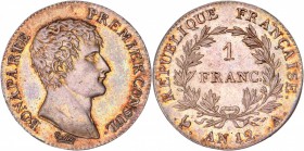 FRANCE
Consulat (1799-1804). Franc An 12 A, Paris.
Av. Tête nue à droite. Rv. Valeur dans une couronne.
G. 443.
GENI MS 63. Très belle patine, Sup...