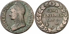 FRANCE
Consulat (1799-1804). 5 centimes an 9 G, Genève.
Av. Buste de la République à gauche. Rv. Valeur dans une couronne.
G. 126b. 9,29 grs.
TTB...