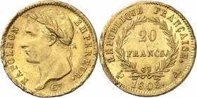 FRANCE
Premier Empire (1804-1814). 20 francs 1808, Paris.
Av. Tête laurée à gauche. Rv. Valeur dans une couronne.
G. 1024, Fr. 504. 6,39 grs.
Supe...