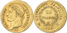 FRANCE
Premier Empire (1804-1814). 20 francs 1808, Lille. Frappe « casquette ».
Av. Tête laurée à gauche. Rv. Valeur dans une couronne.
G. 1024, Fr...