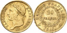 FRANCE
Premier Empire (1804-1814). 20 francs or 1810 A, Paris.
Av. Tête laurée à gauche. Rv. Valeur dans une couronne. 
G. 1025. 6,44 grs.
Superbe...