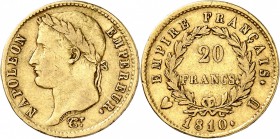 FRANCE
Premier Empire (1804-1814). 20 francs or 1810 U, Turin.
Av. Tête laurée à gauche. Rv. Valeur dans une couronne.
G. 1025, Fr. 515 6,40 grs.
...
