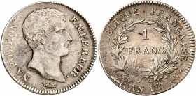 FRANCE
Premier Empire (1804-1814). Franc An 13 G, Genève.
Av. Tête nue à droite Rv. Valeur dans une couronne.
G. 443. 4,94 grs.
Très rare et bel e...