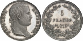 FRANCE
Cent jours (1815). 5 francs 1815 A, Paris, essai par Droz.
Av. Tête laurée à droite. Rv. Valeur dans une couronne. 
Maz. 568a var.
PCGS SP ...