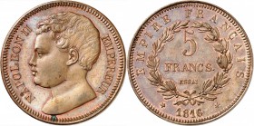 FRANCE
Napoléon II (1811-1832). 5 francs 1816, essai en bronze.
Av. Tête nue à gauche. Rv. Valeur dans une couronne.
G. 596. 22,12 grs.
Petite tac...