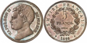 FRANCE
Napoléon II (1811-1832). 5 francs 1816, essai en bronze, frappe sur flan bruni.
Av. Tête nue à gauche. Rv. Valeur dans une couronne.
Maz. 63...