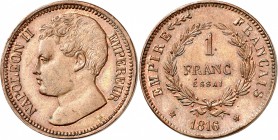 FRANCE
Napoléon II (1811-1832). Franc 1816, essai en bronze.
Av. Tête nue à gauche. Rv. Valeur dans une couronne.
G. 488. 3,60 grs.
Superbe à Fleu...