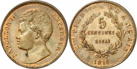 FRANCE
Napoléon II (1811-1832). 5 centimes 1816, essai en bronze.
Av. Tête nue à gauche. Rv. Valeur dans une couronne.
G. 133. 6,02 grs.
Superbe à...