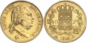 FRANCE
Louis XVIII (1814-1824). 40 francs or buste nu 1816, Rouen.
Av. Tête nue à droite. Rv. Écu de France couronné, entouré d’une couronne de laur...