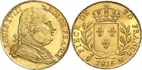FRANCE
Louis XVIII (1814-1824). 20 francs or 1815, Londres.
Av. Buste habillé à droite. Rv. Écu de France couronné, entouré d’une couronne de laurie...