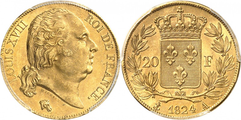 FRANCE
Louis XVIII (1814-1824). 20 francs or buste nu 1824, Paris.
Av. Tête nu...