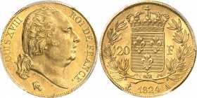 FRANCE
Louis XVIII (1814-1824). 20 francs or buste nu 1824, Paris.
Av. Tête nue à droite. Rv. Écu de France couronné, entouré d’une couronne de laur...