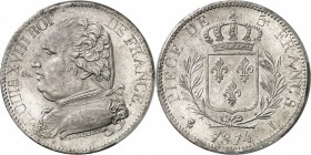 FRANCE
Louis XVIII (1814-1824). 5 francs 1814, Bayonne.
Av. Buste habillé à gauche. Rv. Écu de France couronné, entouré d’une couronne de laurier. ...