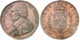 FRANCE
Louis XVIII (1814-1824). 5 francs 1815, Paris, épreuve en bronze, tranche lisse, par Droz. 
Av. Buste habillé à gauche. Rv. Écu de France cou...