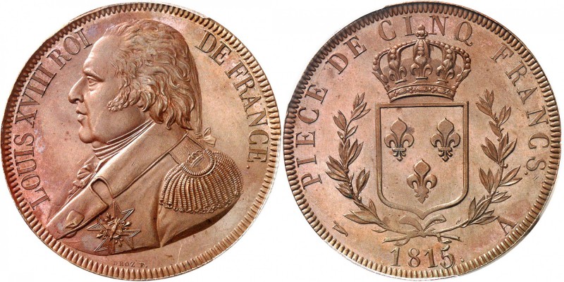 FRANCE
Louis XVIII (1814-1824). 5 francs 1815, Paris, épreuve en bronze, tranch...