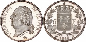 FRANCE
Louis XVIII (1814-1824). 5 francs 1816 A, Paris, frappe sur flan bruni.
Av. Tête nue à gauche. Rv. Écu de France couronné, entouré d’une cour...