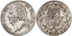 FRANCE
Louis XVIII (1814-1824). 5 francs 1822 A, Paris. Sans le différent tête de cheval à l’avers.
Av. Tête nue à gauche. Rv. Écu couronné.
G. 614...