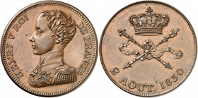 FRANCE
Henri V, prétendant (1820-1883). Module de 5 francs 1830 en bronze.
Av. Buste habillé à gauche. Rv. Main de la justice et sceptre de Saint-Lo...