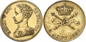 FRANCE
Henri V, prétendant (1820-1883). Module de 5 francs 1830 en bronze doré.
Av. Buste habillé à gauche. Rv. Main de la justice et sceptre de Sai...