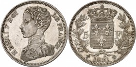 FRANCE
Henri V, prétendant (1820-1883). 5 francs 1831, Bruxelles, essai en argent, tranche inscrite en creux. 
Av. Buste habillé à gauche. Rv. Écu d...