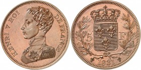FRANCE
Henri V, prétendant (1820-1883). 5 francs 1831, Bruxelles, essai en bronze, tranche lisse.
Av. Buste habillé à gauche. Rv. Écu de France cour...