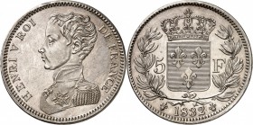 FRANCE
Henri V, prétendant (1820-1883). 5 francs 1832, Bruxelles, essai en argent, tranche inscrite en creux. 
Av. Buste habillé à gauche. Rv. Écu d...