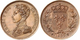 FRANCE
Henri V, prétendant (1820-1883). 5 francs 1832, Bruxelles, piéfort en bronze, frappe médaille.
Av. Buste habillé à gauche. Rv. Écu de France ...