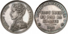 FRANCE
Henri V, prétendant (1820-1883). 5 francs 1843, Bruxelles, visite à l’Angleterre, frappe en argent.
Av. Buste habillé à gauche. Rv. légende s...