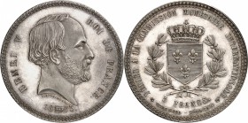 FRANCE
Henri V, prétendant (1820-1883). 5 francs 1873, frappée pour la commission monétaire de Neuchâtel, essai en argent. 
Av. Tête nue à droite. R...