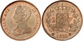 FRANCE
Henri V, prétendant (1820-1883). 2 francs 1833, Bruxelles, essai en bronze, tranche lisse. 
Av. Buste habillé à gauche. Rv. Écu de France cou...