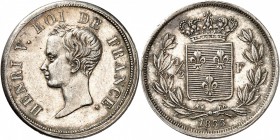 FRANCE
Henri V, prétendant (1820-1883). 1/2 franc 1833, Bruxelles, essai en argent, frappe médaille.
Av. Tête nue à gauche. Rv. Écu de France couron...