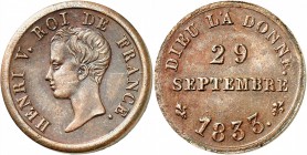 FRANCE
Henri V, prétendant (1820-1883). Module de 1/2 franc 1833, Bruxelles.
Av. Tête nue à gauche. Rv. Date au centre.
G. 405. 2,59 grs.
Superbe ...